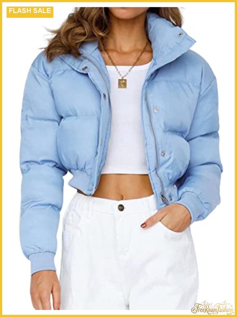 Cropped Puffer Jacket Short Quilted Bubble Coat Full Zip Snap Button